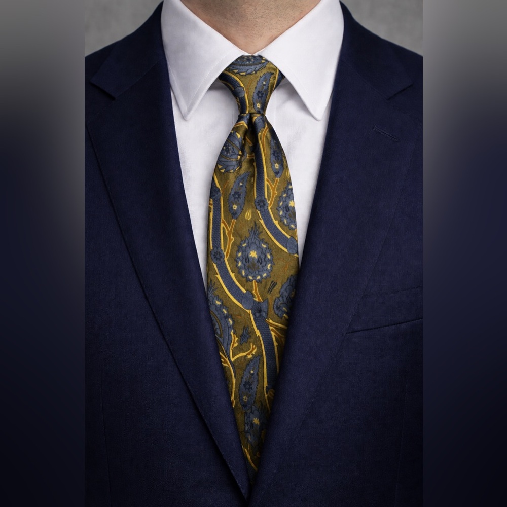 Yves Saint Laurent YSL | Vintage Silk Tie | Olive Green Blue Gold Baroque